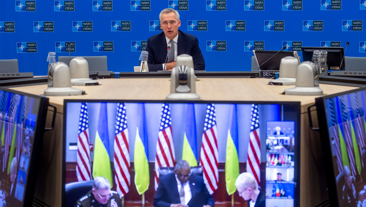 NATO Secretary General Jens Stoltenberg participates in a virtual meeting of the Ukraine defence contact group