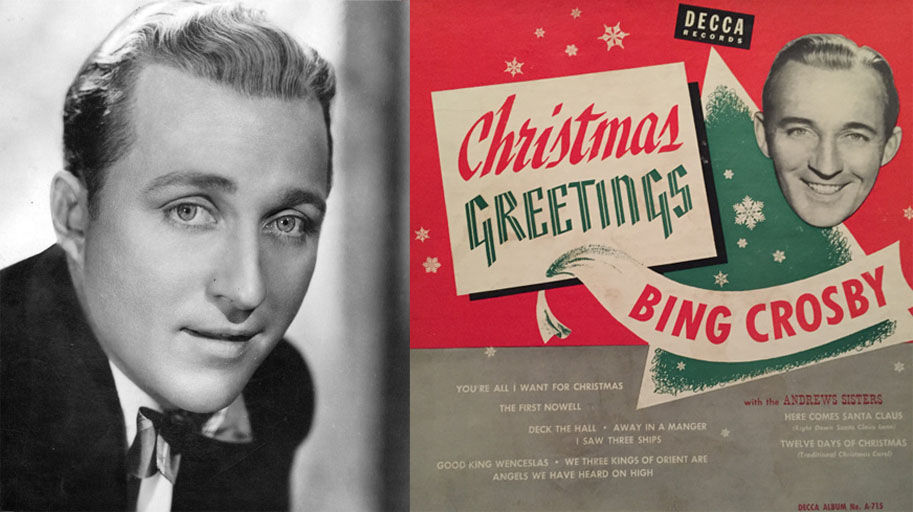 Bing Crosby is most famous for singing the hit song “White Christmas” – the best-selling physical single of all time. Images from Wikimedia Commons (public domain). Left: Publicity photo, 1930s, unknown author. Right: Decca Records, 1949.