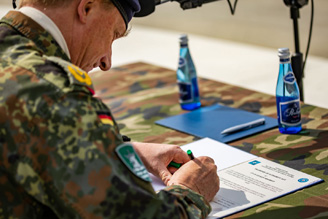 NATO hand-over take-over ceremony during the Griffin Shock exercise in Bemowo Piskie training area. Multinational Corps Northeast Commander, German Army Lt. Gen Jürgen-Joachim von Sandrart, and Multinational Division-Northeast Commander, Polish Army Maj. Gen. Zenon Brzuszko, signed the Transfer of Authority protocol.