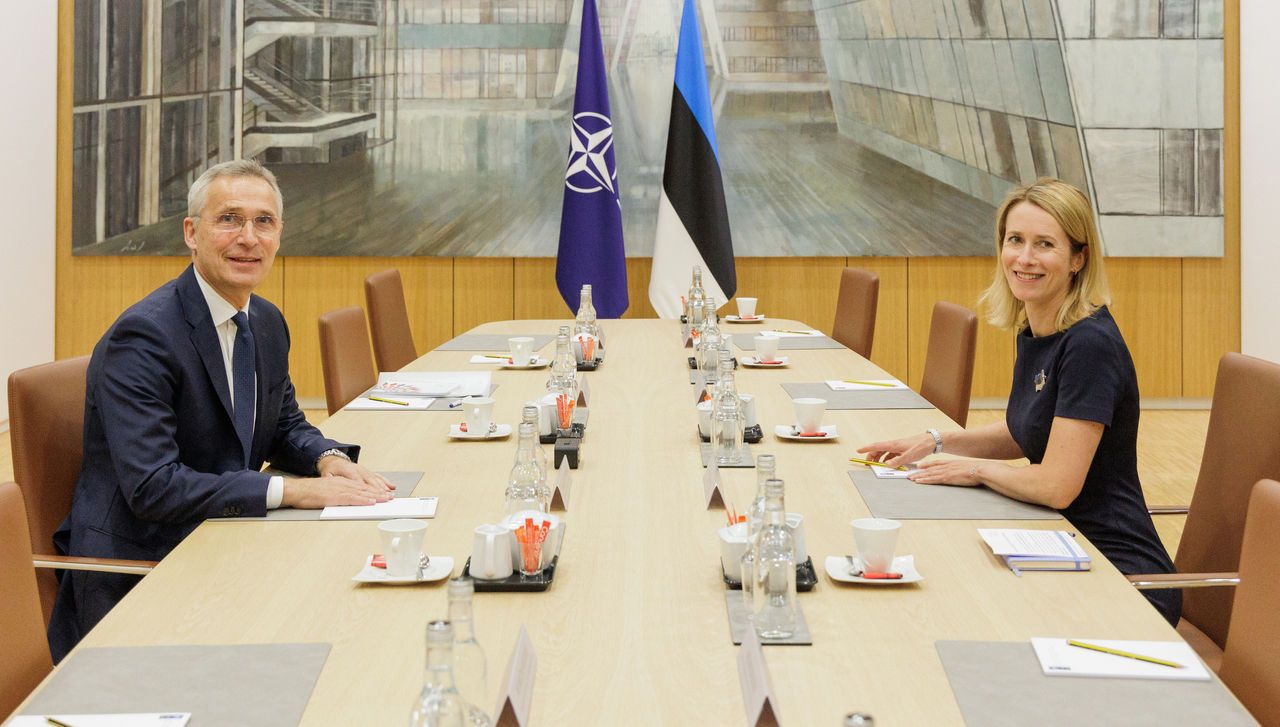 NATO Secretary General Jens Stoltenberg with the Prime Minister of Estonia Kaja Kallas at NATO Headquarters.