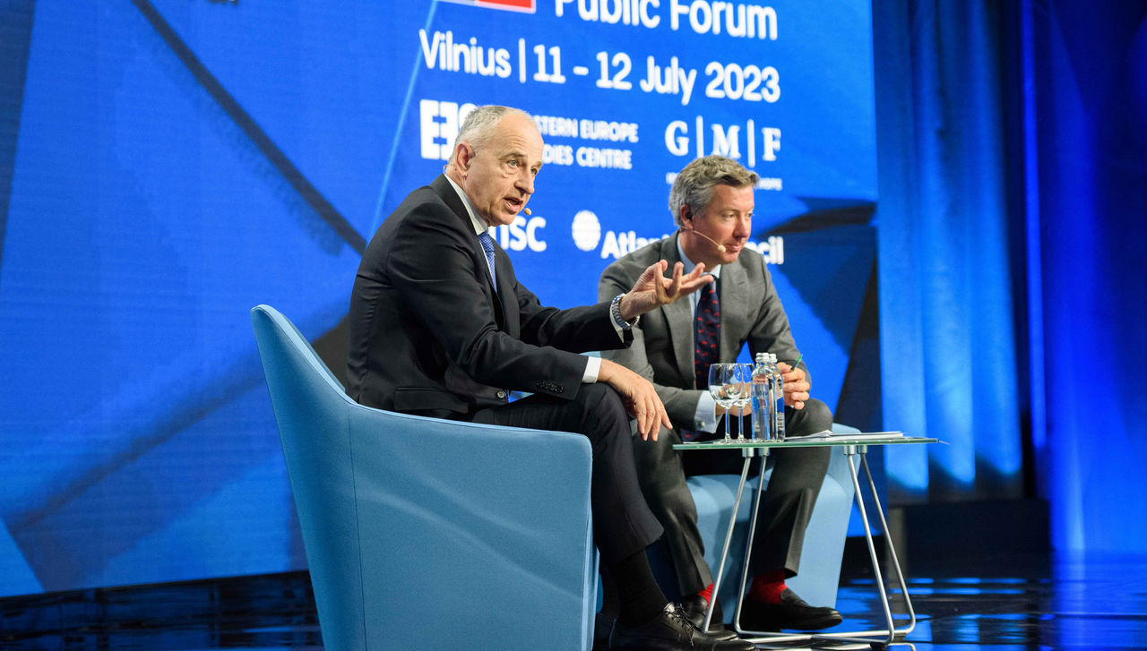 Deputy Secretary General Mircea Geoană speaking at the NATO Public Forum in Vilnius 2023