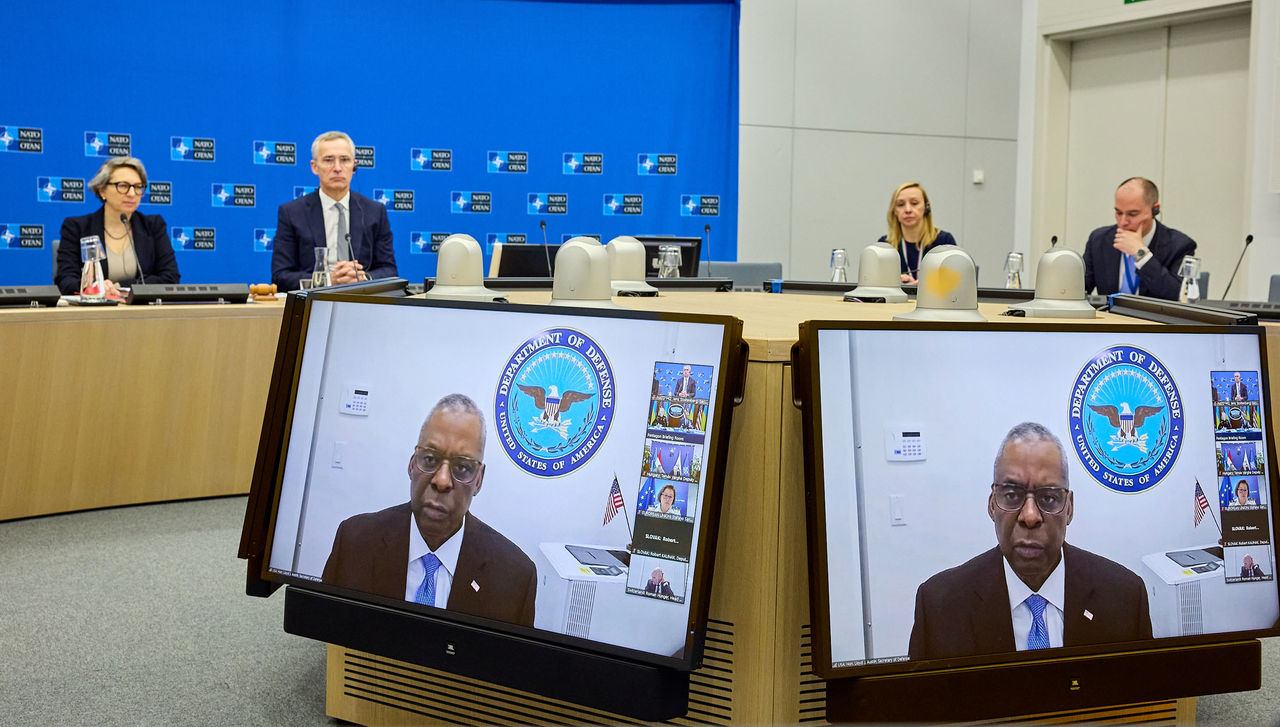 NATO Secretary General Jens Stoltenberg participates in a virtual meeting of the Ukraine Defense Contact Group