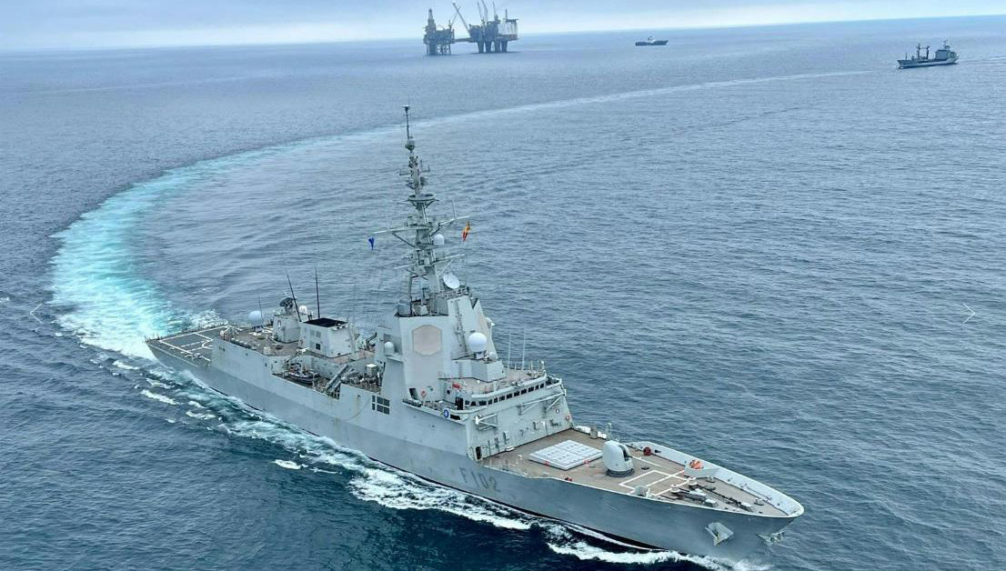 Standing NATO Maritime Group 1 Flagship, ESPS Almirante Juan de Borbon with oiler FGS Rhoen, transiting in the North Sea in vicinity of the Norwegian Oseberg oil and gas field. NATO has been working to enhance the security of critical infrastructure for years. Critical Undersea Infrastructure (CUI) has always been a focus for maritime security and maritime situational awareness. 28 May 2024. © MARCOM / NATO