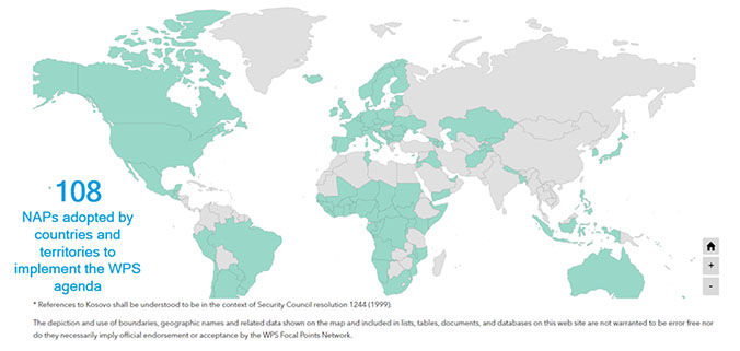 Map of 108 NAPs adopted by countries and territories to implement the WPS agenda