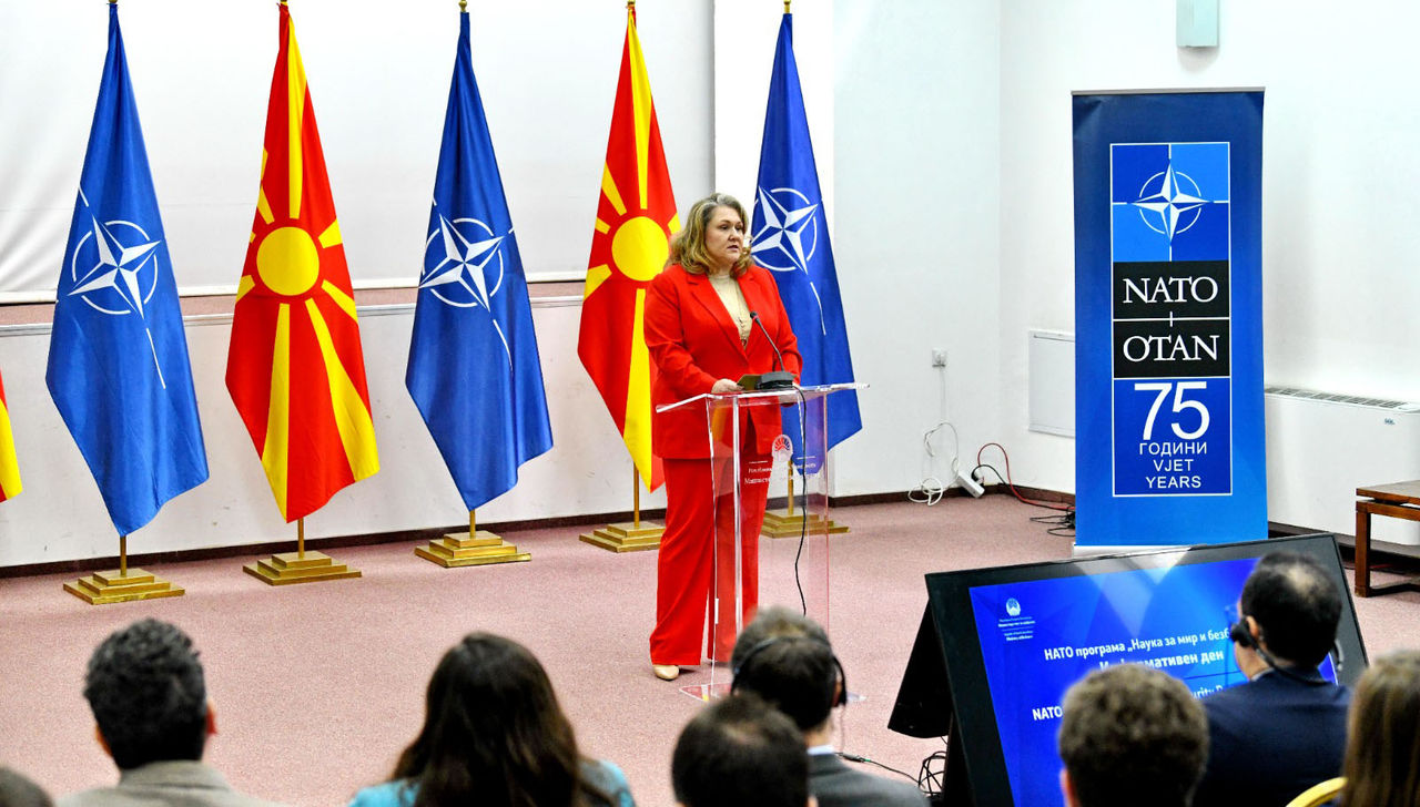 North Macedonia’s Minister of Defence, Slavjanka Petrovska, delivers opening remarks at the SPS Information Day in Skopje, North Macedonia, 28 March 2024.