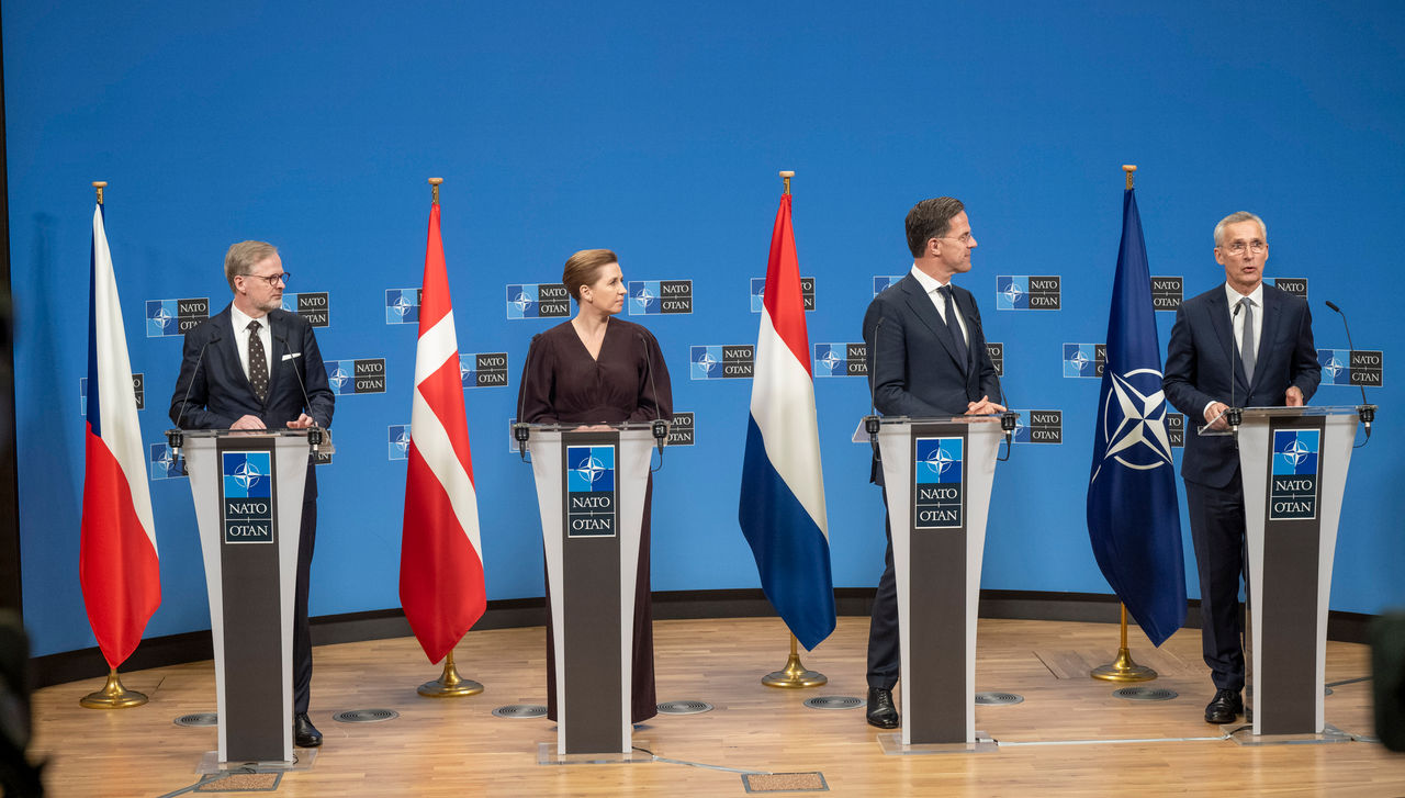NATO Secretary General Jens Stoltenberg meets with the Prime Minister of Czechia, Petr Fiala, the Prime Minister of Denmark, Mette Frederiksen, and the Prime Minister of the Netherlands, Mark Rutte