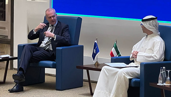 NATO Assistant Secretary General for Political Affairs and Security Policy, Boris Ruge participates in a discussion, along with Dr Bader Al-Saif, Assistant Professor of History at Kuwait University at an event at the NATO-Istanbul Cooperation Initiative Regional Centre in Kuwait. 