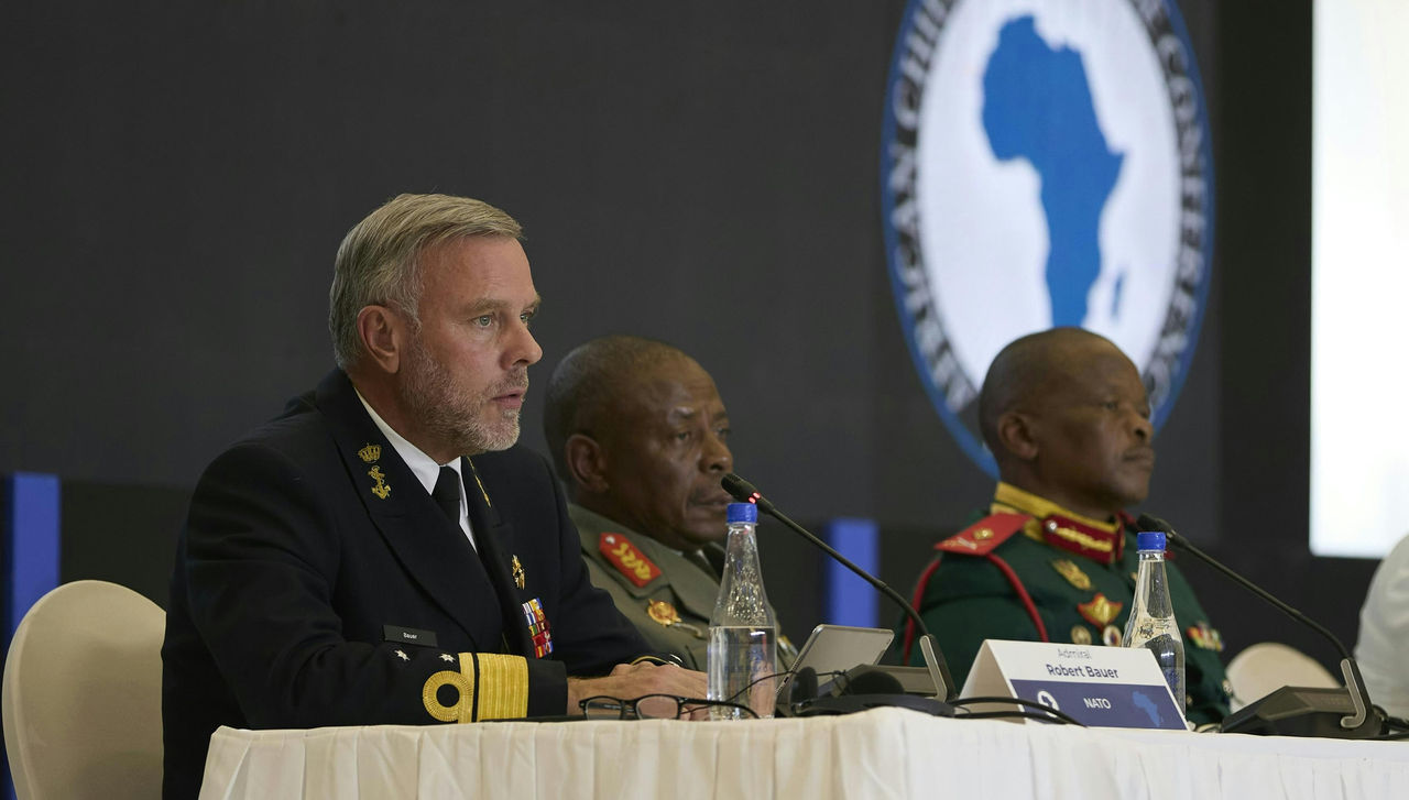 The Chair of the NATO Military Committee, Admiral Rob Bauer, speaks at a panel discussion on Security Governance and Partnerships during the 2024 African Chiefs of Defence Conference