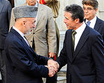 KABUL, Afghanistan- Afghan President Hamid Karzai greets NATO’s newly appointed Secretary General, Anders Fogh Rasmussen at the presedential palace.  Image by MSgt Chris Haylett