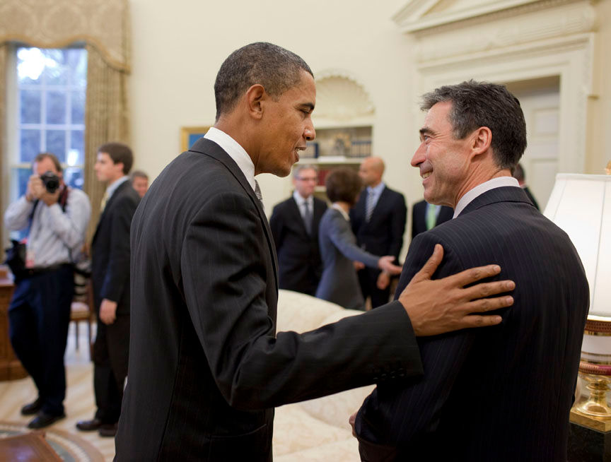 President Barack Obama talks with NATO Secretary General Anders Fogh Rasmussen at the conclusion of their meeting in the Oval Office of the White House, Tuesday, Sept. 29, 2009.   (Official White House photo by Pete Souza)

This photograph is provided by THE WHITE HOUSE as a courtesy and may be printed by the subject(s) in the photograph for personal use only. The photograph may not be manipulated in any way and may not otherwise be reproduced, disseminated or broadcast, without the written permission of the White House Photo Office. This photograph may not be used in any commercial or political materials, advertisements, emails, products, promotions that in any way suggests approval or endorsement of the President, the First Family, or the White House.
