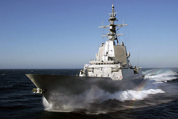 A port bow view of the Spanish Navy, F 100 Class Frigate, ALMIRANTE JUAN DE BORBON (F 102) underway in the Pacific Ocean during Combat Systems Ship Qualifications Trails on the Pacific Missile Test Center Range off the coast of California (CA). 