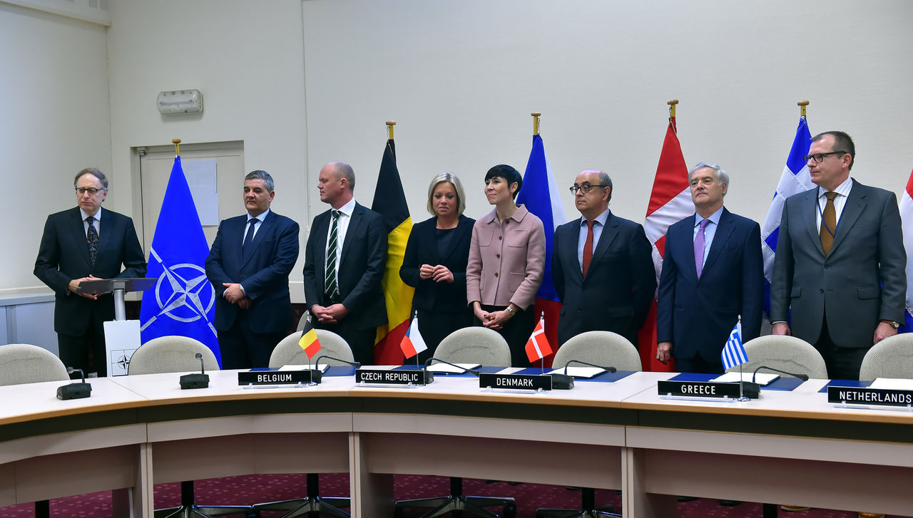 Left to right: Deputy NATO Secretary General Alexander Vershbow; Steven Vandeput (Minister of Defence, Belgium); Peter Christensen (Minister of Defence, Denmark); Jeanine Hennis-Plasschaert (Minister of Defence, The Netherlands); Ine Marie Eriksen Soreide (Minister of Defence, Norway); Jose Alberto Azeredo Lopes (Minister of Defence, Portugal); Ambassador Miguel Aguirre de Carcer (Permanent Representative to NATO for Spain); Ambassador Jiri Sedivy (Permanent Representative to NATO for the Czech Republic)