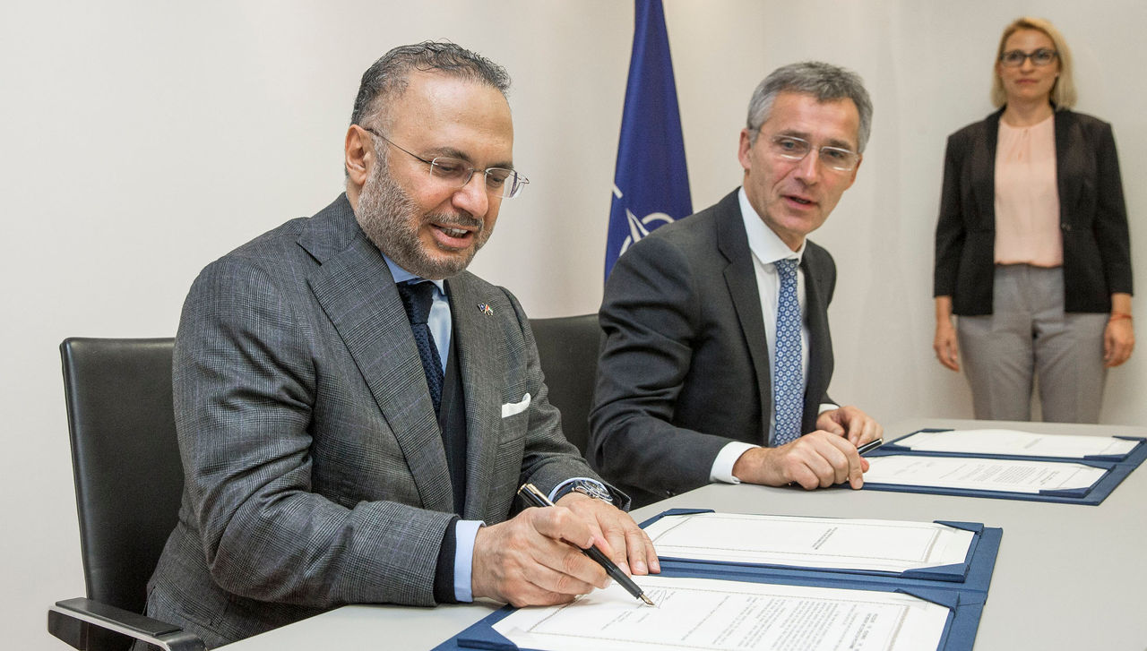 NATO Secretary General Jens Stoltenberg meet with the Minister of State for Foreign Affairs of the United Arab Emirates Anwar Gargash.