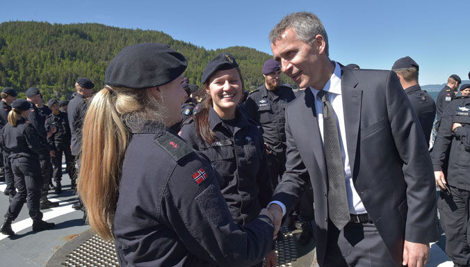 NATO Secretary General Jens Stoltenberg talks to the participants of Exercise Dynamic Mongoose on board of the TCG Barbaros