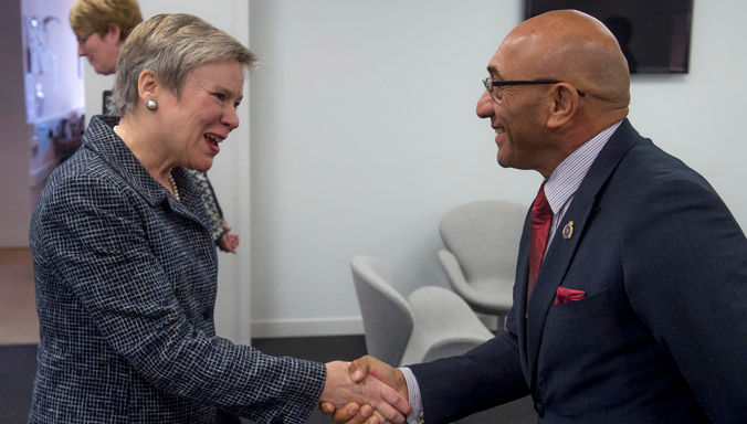 Left to right: NATO Deputy Secretary General Rose Gottemoeller welcomes Ron Mark (Minister of Defence, New Zealand)