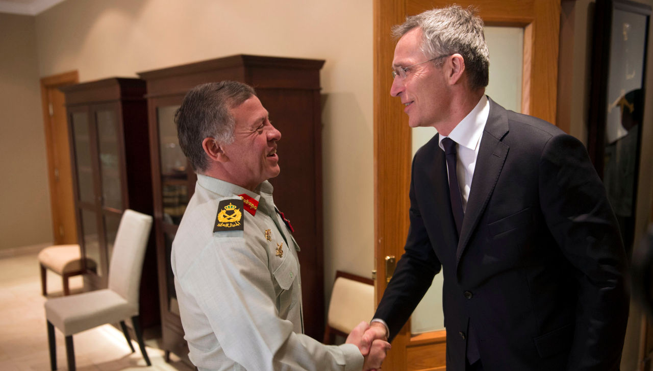 NATO Secretary General meets King Abdullah II Al Hussein, the King of the Hashemite Kingdom of Jordan, in Amman, Jordan, March 6, 2018. Secretary General Stoltenberg visited Jordan to meet with key leaders in the government and military and thank them for their continued partnership. (NATO photo by Tech. Sgt. Cody H. Ramirez, USAF)