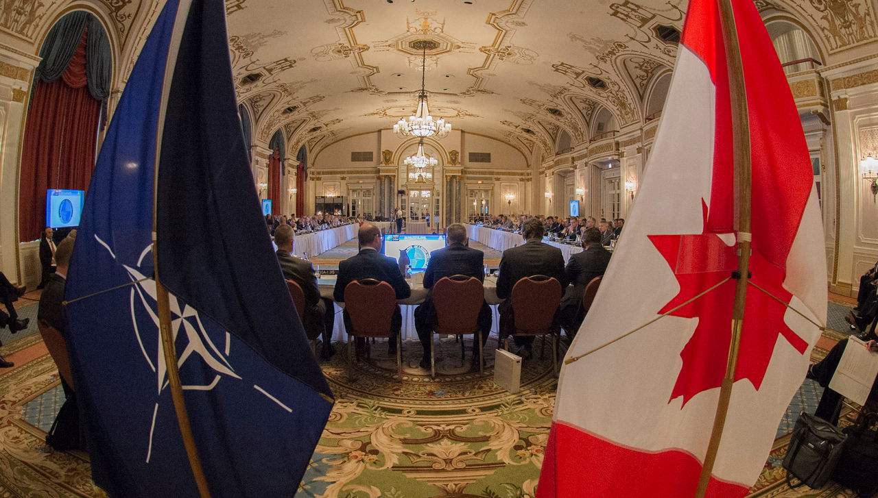 Delegates to the NATO Military Intelligence Conference listen to the opening remarks at the Fairmont Chateau Laurier hotel, Ottawa on May 23, 2018.

MCpl Mark Schombs CFJIC 
RE01-2018-0163-020