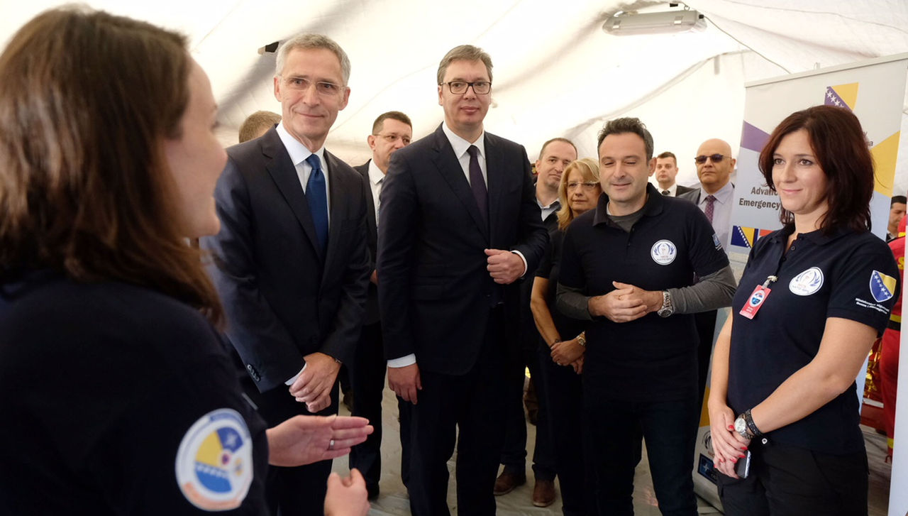 NATO Secretary General Jens Stoltenberg visits the civil emergency exercise Srbija 2018 together with the President of the Republic of Serbia, Aleksandar Vucic and meets with participants