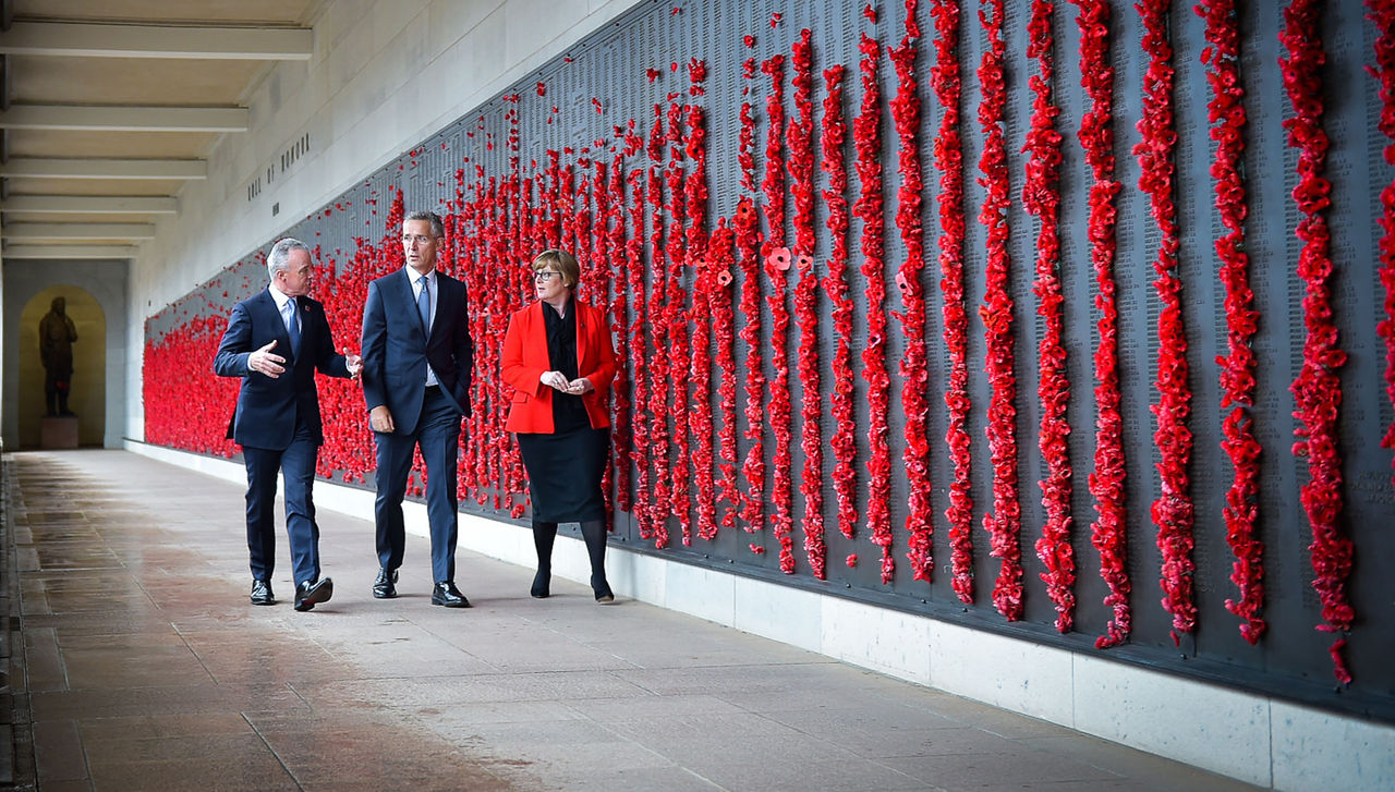 Brendan Nelson, Director of the Australian War Memorial, NATO Secretary General Jens Stoltenberg  and Linda Reynolds, Defence Minister of Australia at the Australian War Memorial
