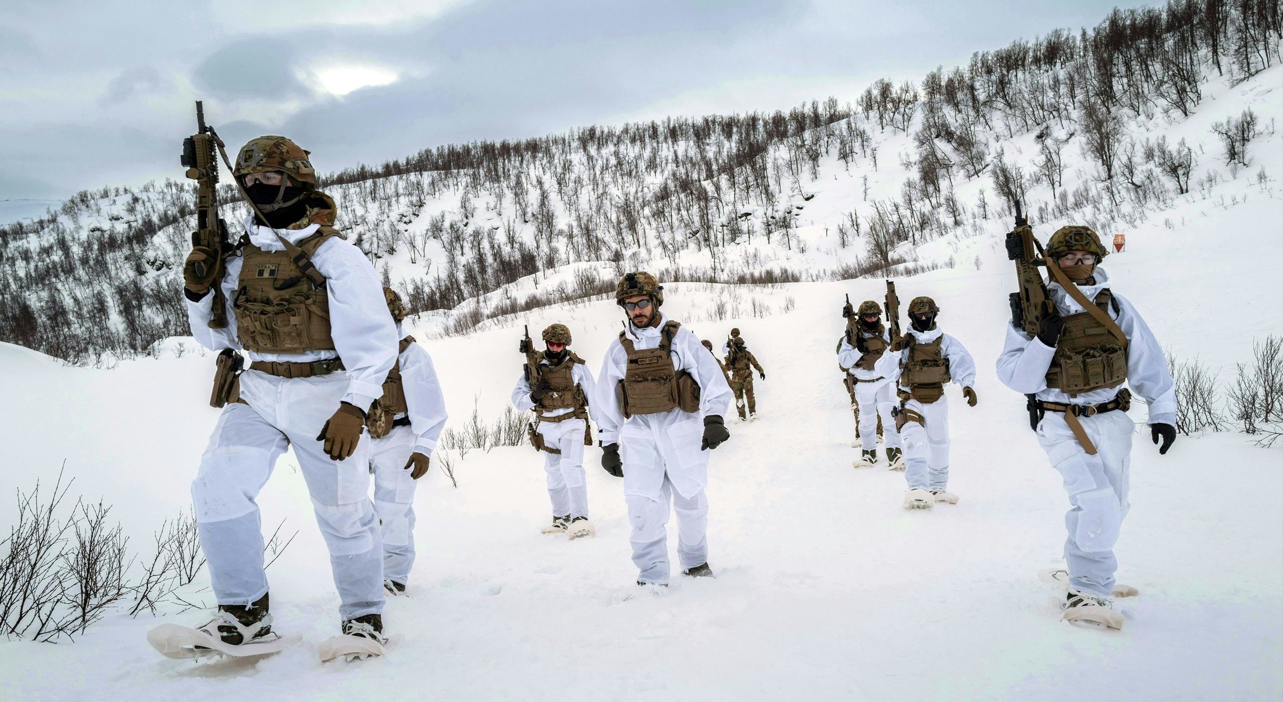 Italian marines with the Italian Navy’s San Marco Brigade trudge through the snow during a live-fire training near Harstad, Norway, as part of exercise Nordic Response 24. Norway, February 2024.