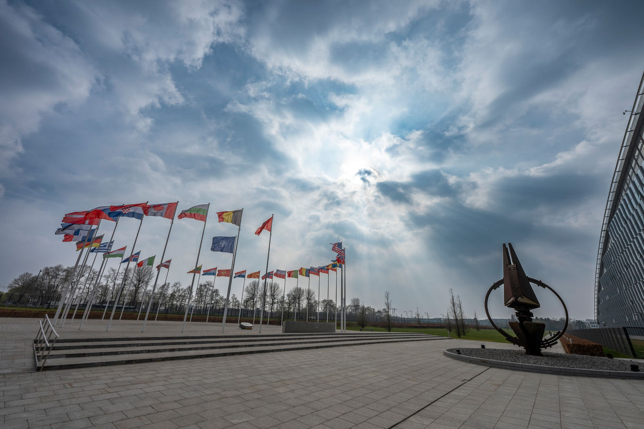 NATO headquarters in Brussels with 32 flags