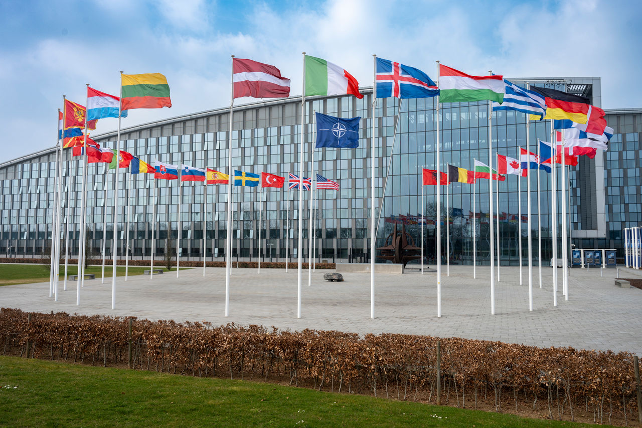 NATO headquarters in Brussels with 32 flags