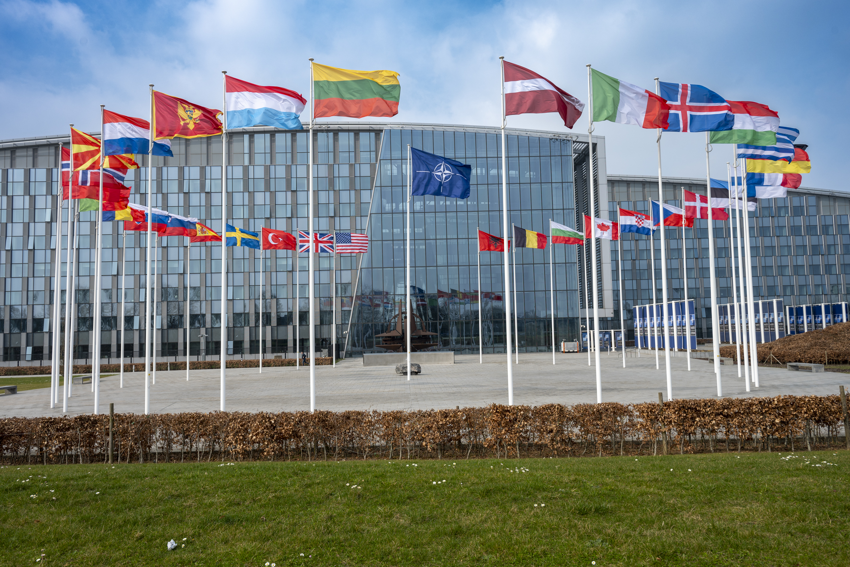 NATO headquarters in Brussels with 32 flags