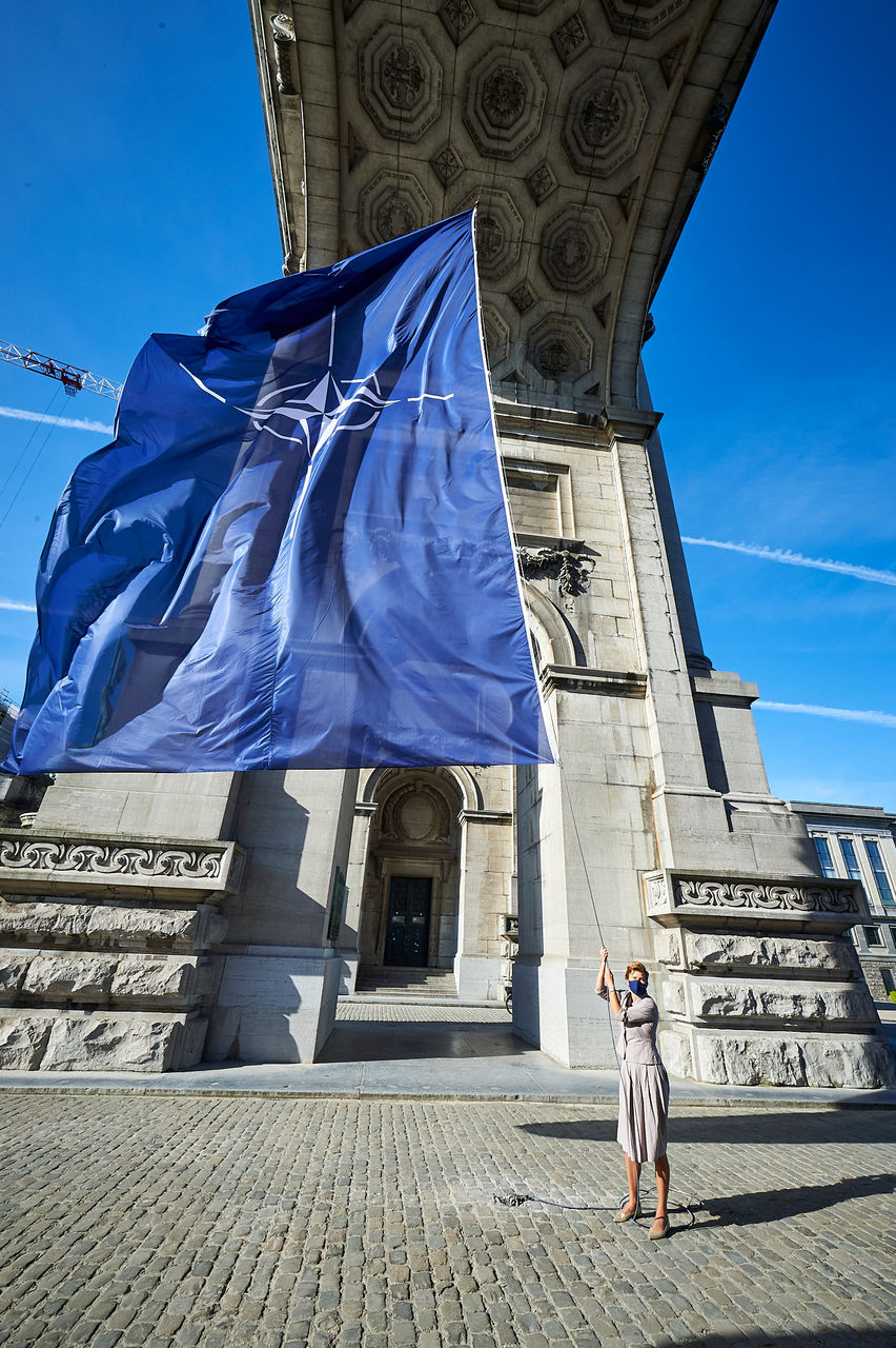 NATO flags flies under the Cinquantenaire Arch in Brussels from 11 to 15 June