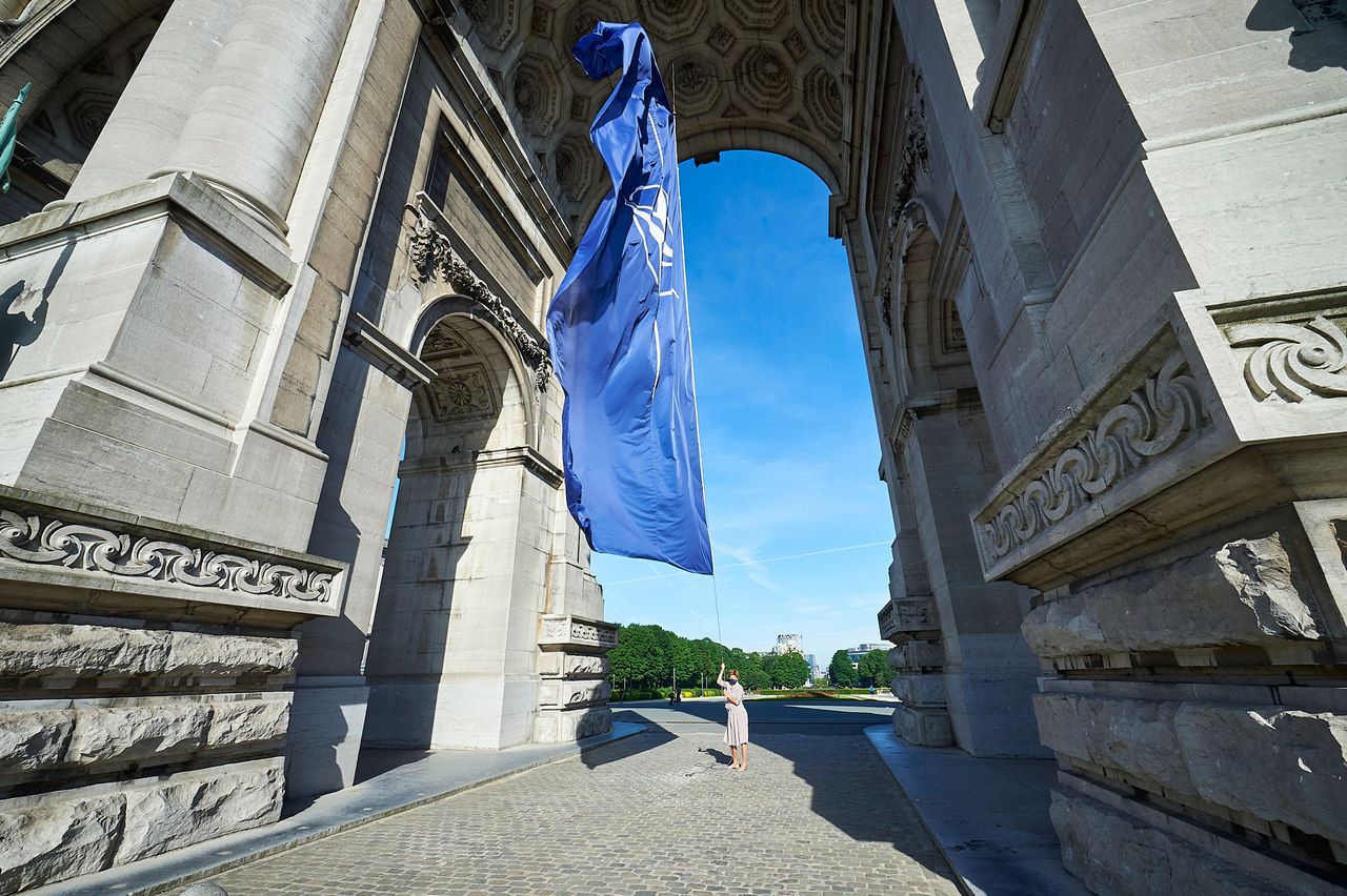 NATO flags flies under the Cinquantenaire Arch in Brussels from 11 to 15 June