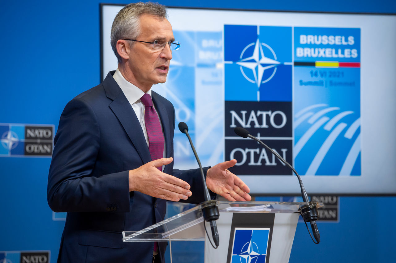 NATO Secretary General Jens Stoltenberg briefs the press ahead of the meeting of NATO Heads of State and Government, at NATO Headquarters on 14 June 2021