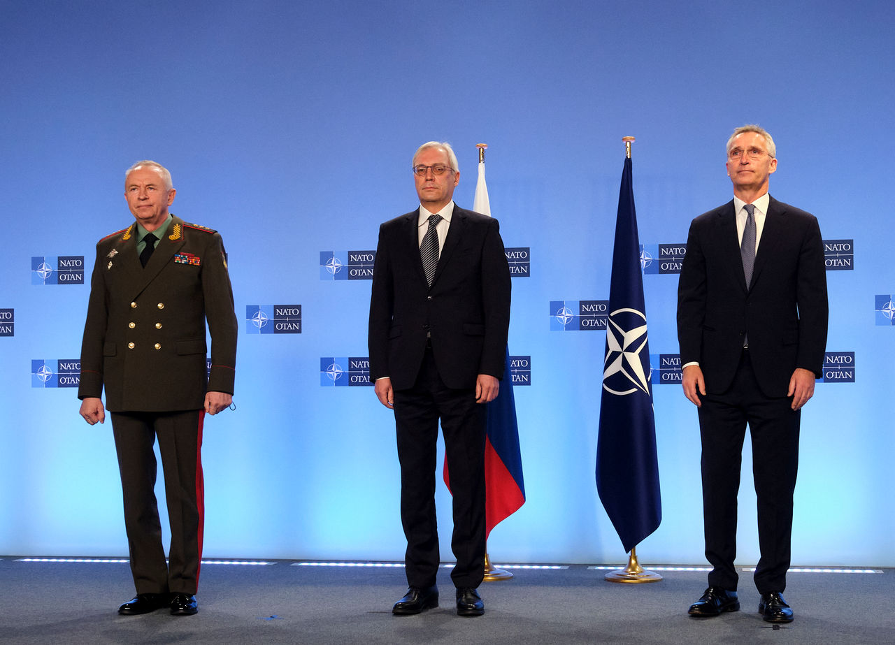 Left to right: Alexander Fomin (Deputy Minister of Defence, Russian Federation) with Alexander Grushko (Deputy Minister of Foreign Affairs, Russian Federation) and NATO Secretary General Jens Stoltenberg