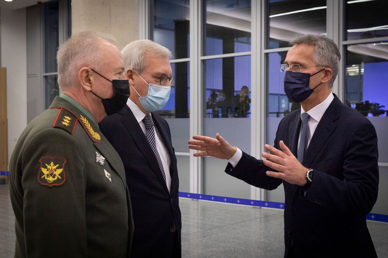 Left to right: Alexander Fomin (Deputy Minister of Defence, Russian Federation) with Alexander Grushko (Deputy Minister of Foreign Affairs, Russian Federation) and NATO Secretary General Jens Stoltenberg