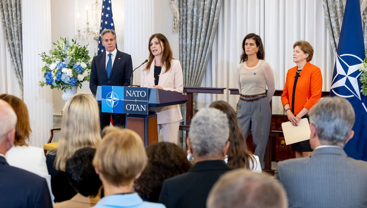 NATO Secretary General's Special Representative for Women, Peace and Security Irene Fellin and US Secretary of State Antony Blinken
