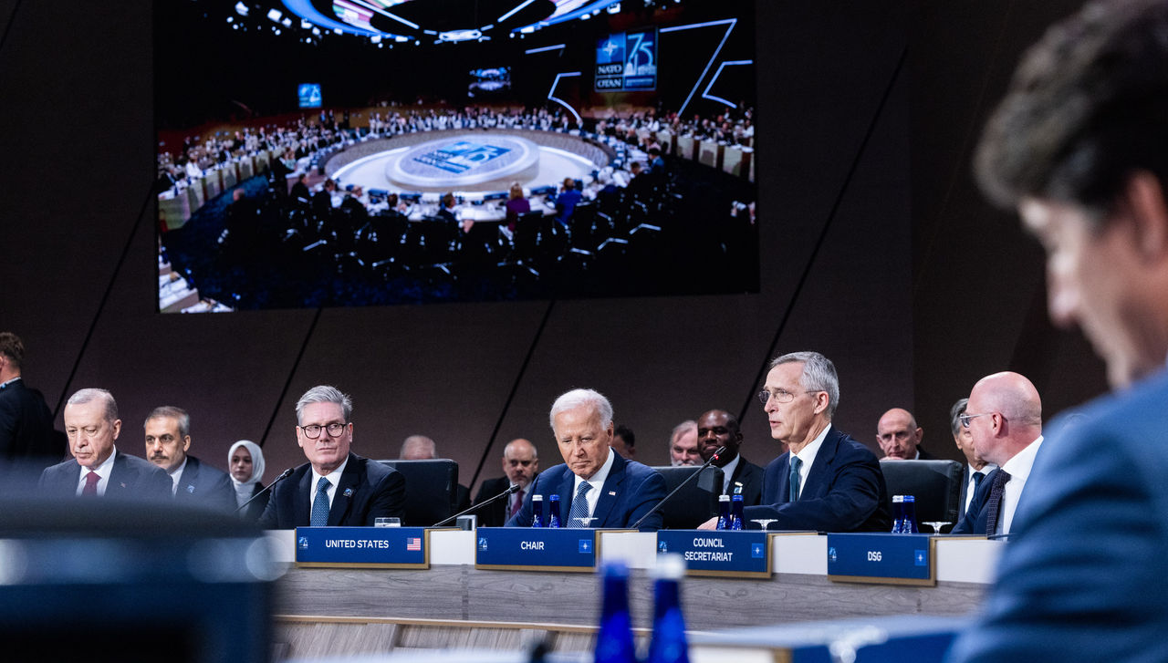 Left to right: Keir Starmer (UK Prime Minister) with US President Joe Biden and NATO Secretary General Jens Stoltenberg