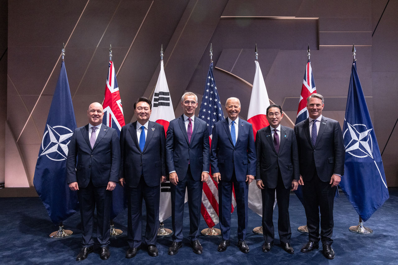 Left to to right: Christopher Luxon (Prime Minister of New Zealand), Suk Yeol Yoon (President of the Republic of Korea), NATO Secretary General Jens Stoltenberg, US President Joe Biden, Fumio Kishida (Prime Minister of Japan), Richard Marles (Deputy Prime Minister of Australia)
