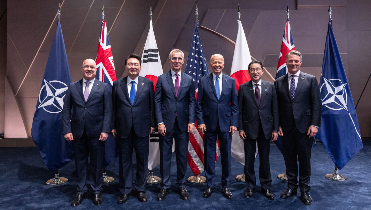 Left to to right: Christopher Luxon (Prime Minister of New Zealand), Suk Yeol Yoon (President of the Republic of Korea), NATO Secretary General Jens Stoltenberg, US President Joe Biden, Fumio Kishida (Prime Minister of Japan), Richard Marles (Deputy Prime Minister of Australia)