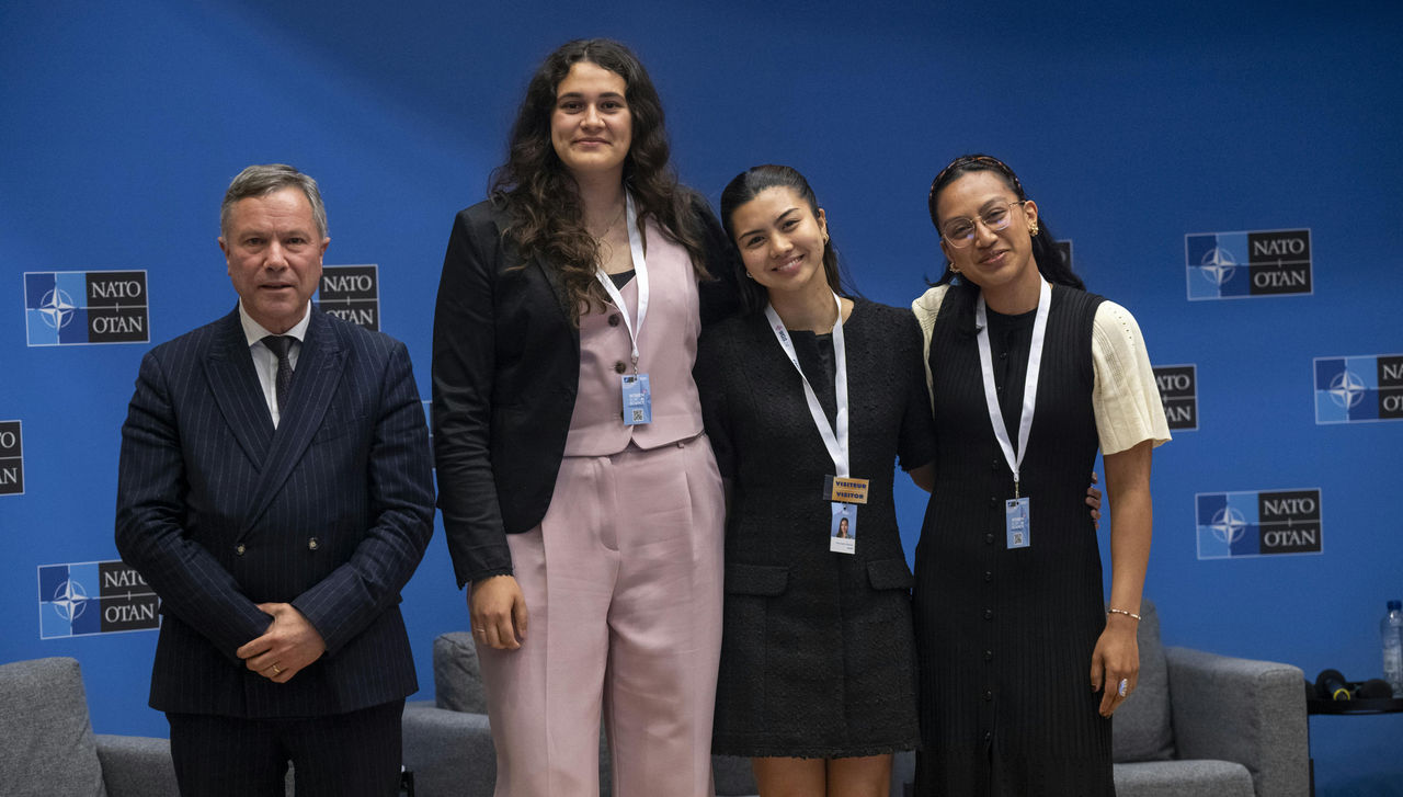 The three winners of the WGS24 challenge with the NATO Chief Scientist at the Grand Finale of the contest on 30 May 2024 at NATO Headquarters in Brussels, Belgium.