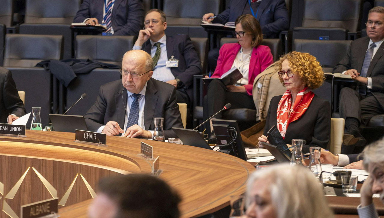 NATO Deputy Secretary General Radmila Shekerinska and EU Commissioner for Defence and Space Andrius Kubilius attend a meeting of the North Atlantic Council