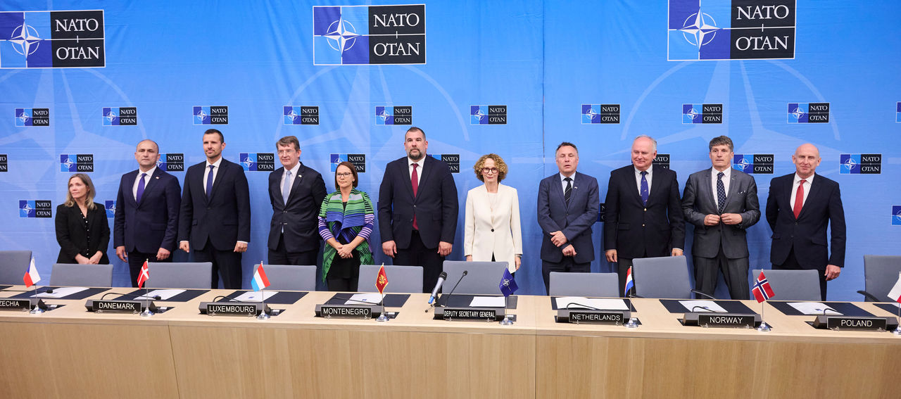 Stefanie Beck (Deputy Minister of Defence, Canada), Ivan Anušić (Minister of Defence, Croatia), Daniel Blažkovec (Deputy Minister of Defence, Czechia), Troels Lund Poulsen (Minister of Defence, Denmark), Yuriko Backes (Minister of Defence, Luxembourg), Dragan Krapović (Minister of Defence, Montenegro), NATO Deputy Secretary General Radmila Shekerinska, Tore O. Sandvik (Minister of Defence, Norway), Paweł Ksawery Zalewski (Secretary of State, Poland), Borut Sajovic (Minister of Defence, Slovenia) and John Healey (Minister of Defence, United Kingdom)
