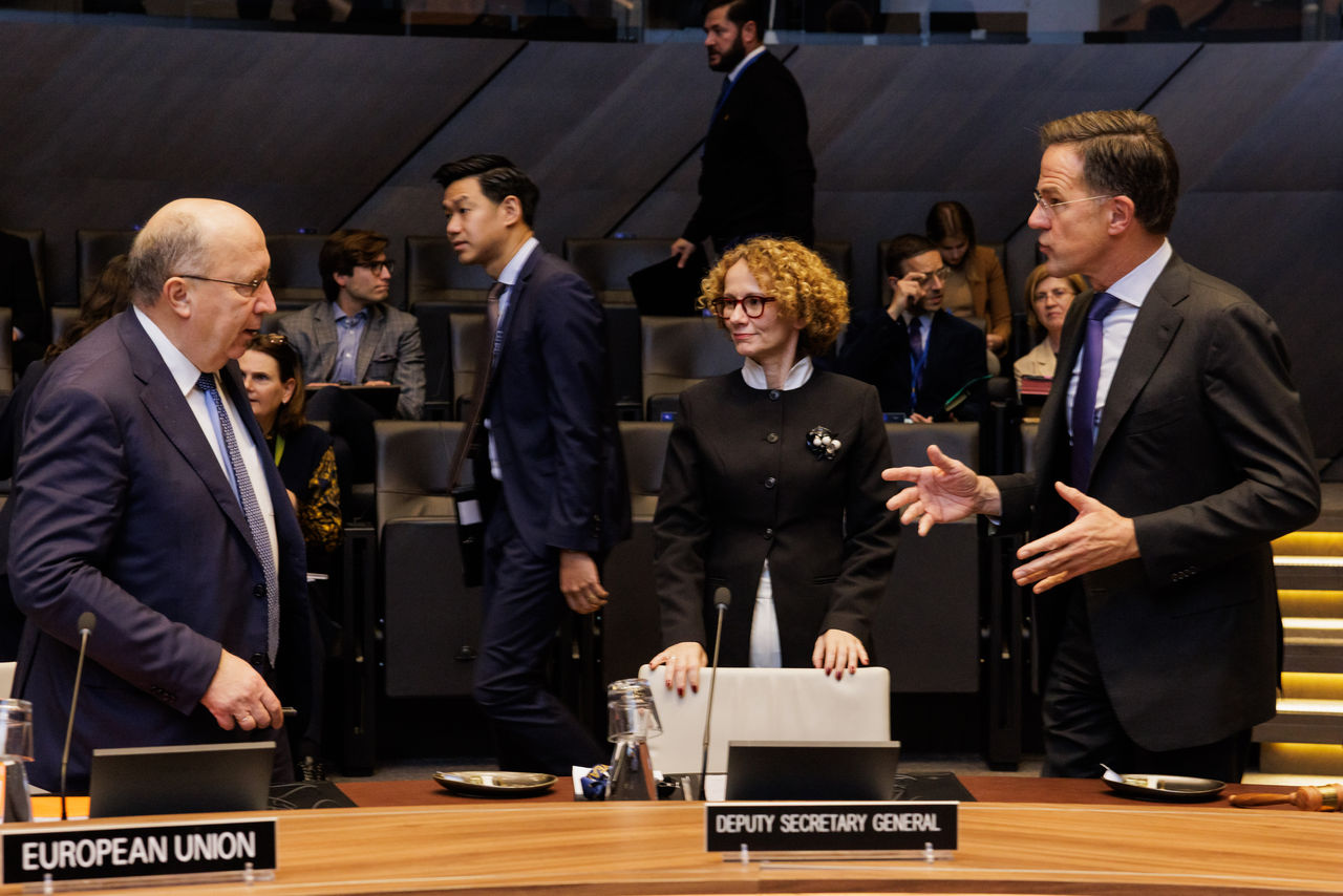 Andrius Kubilius, European Commissioner for Defence and Space attends a meeting of the North Atlantic Council with NATO Secretary General Mark Rutte and NATO Deputy Secretary General Radmila Shekerinska
