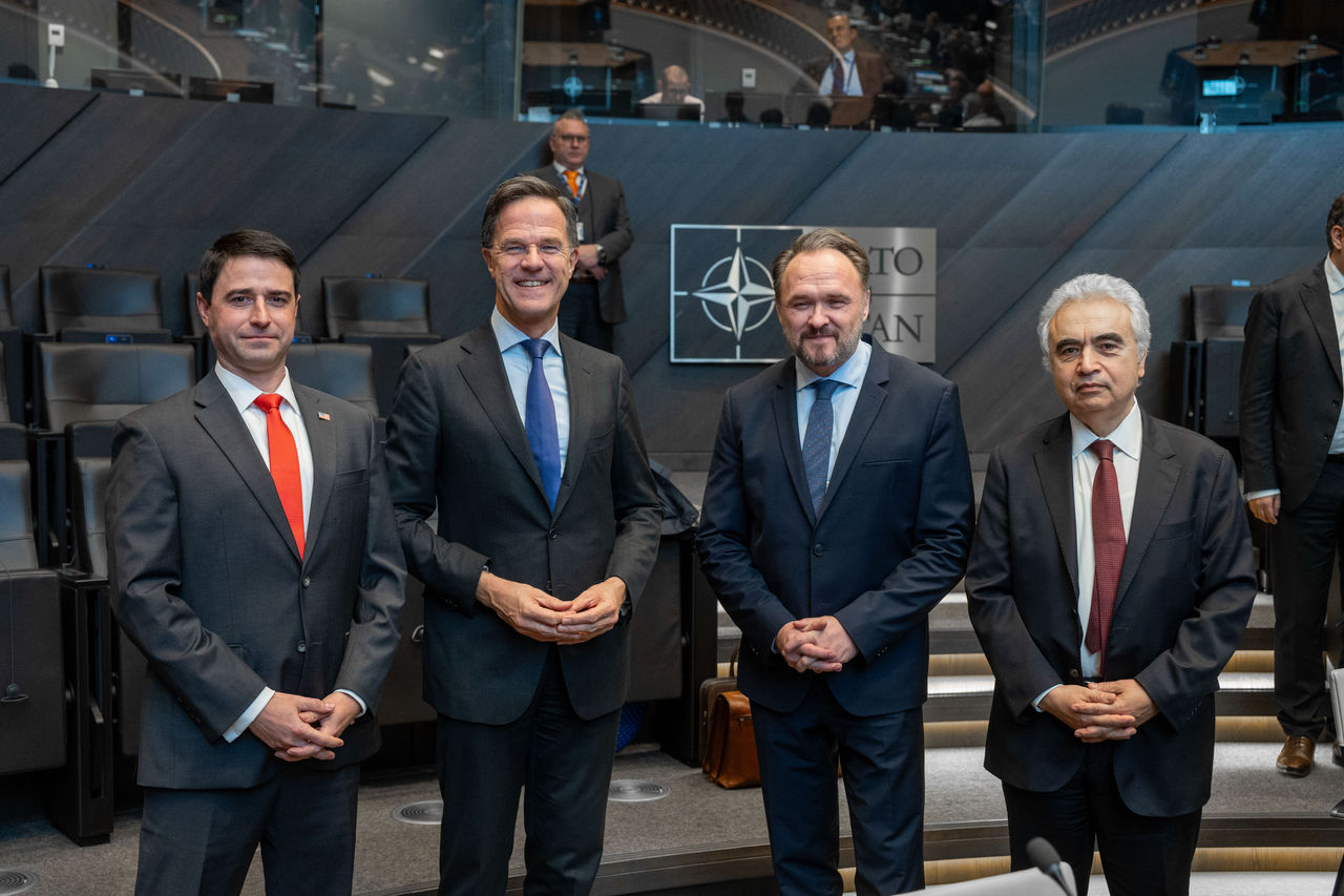 NATO Secretary General Mark Rutte attends the North Atlantic Council along with Dr Fatih Birol, Executive Director of the International Energy Agency, Tommy Joyce, Acting Assistant Secretary for International Affairs, US Department of Energy and Dan Jørgensen, European Commissioner for Energy and Housing