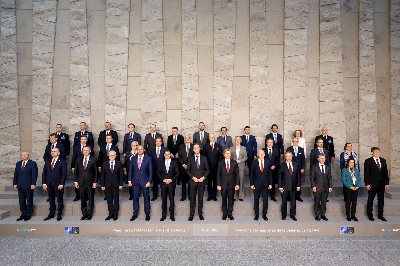Family portrait of the NATO Secretary General Mark Rutte and the NATO Defence Ministers at NATO Headquarters in Brussels on 12 February 2026