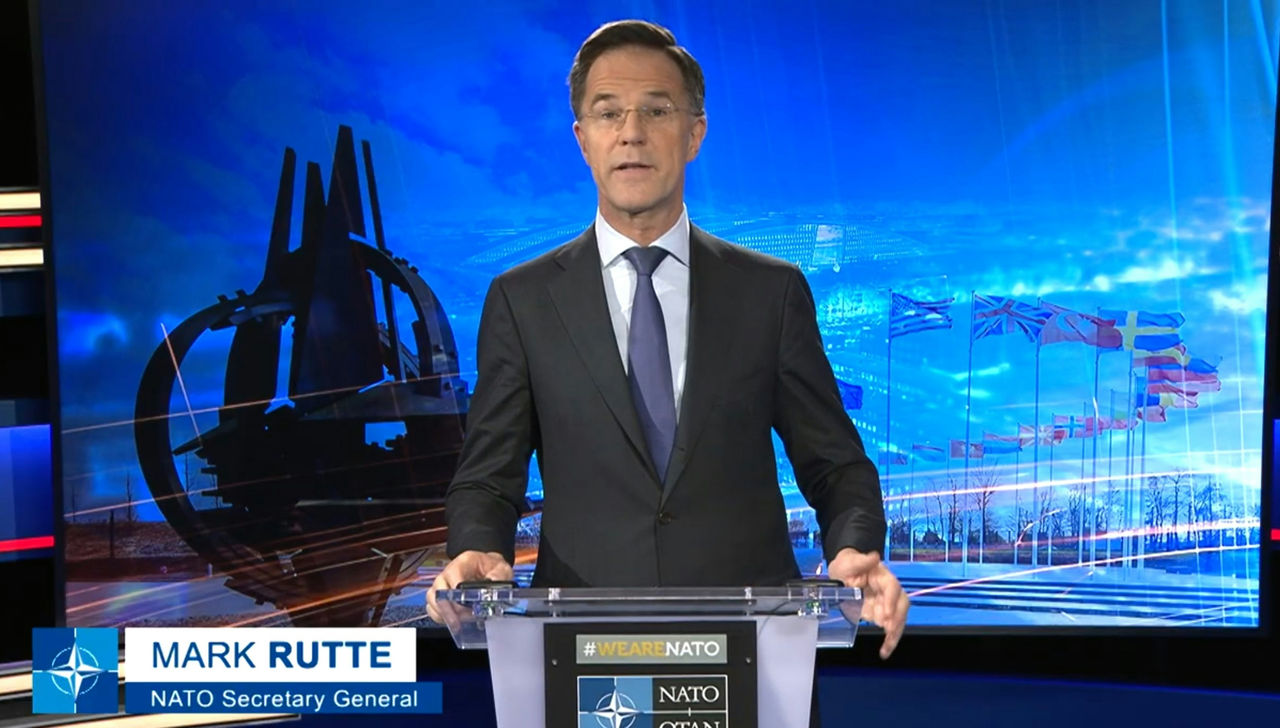 NATO Secretary General Mark Rutte provides opening remarks via video at the fifth annual NATO Integrated Air and Missile Defence (IAMD) Conference 