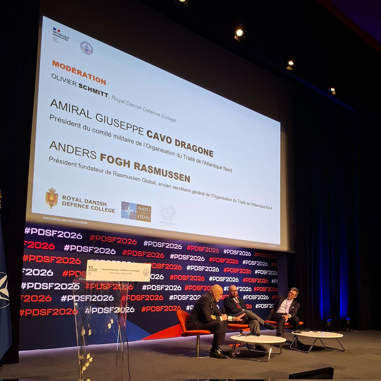 Left to Right - Chair of the NATO Military Committee, Admiral Giuseppe Cavo Dragone, with former NATO Secretary General, Mr. Anders Fogh Rasmussen during a panel at the PDSF