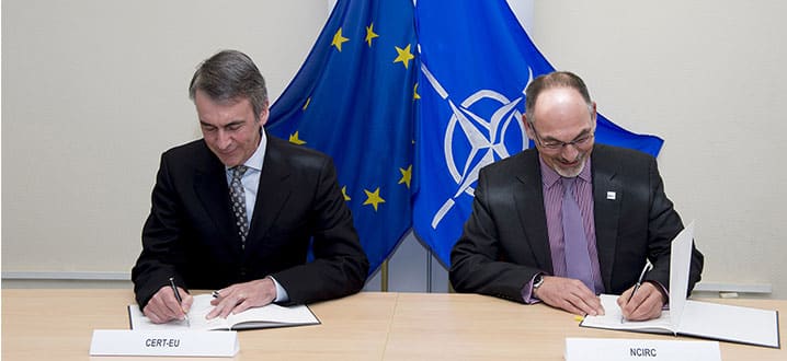 A Technical Arrangement on Cyber Defence is signed on 10 February 2016 by the Head of the European Union’s Computer Emergency Response Team (CERT-EU), Freddy Dezeure, and the Chief of Cyber Security at the NATO Computer Incident Response Capability (NCIRC), Ian West. © NATO
)
