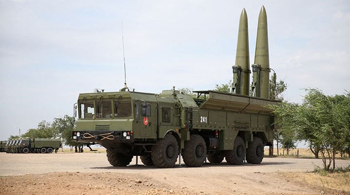  Dual capable – conventional and nuclear – precision strike capability was a major element of ZAPAD, including SS-21 SCARAB and SS-26 ISKANDER [pictured here] missile unit activity.
