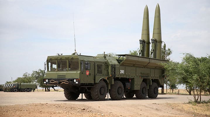 Dual capable – conventional and nuclear – precision strike capability was a major element of ZAPAD, including SS-21 SCARAB and SS-26 ISKANDER [pictured here] missile unit activity.
)