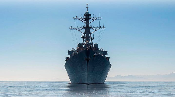 The Arleigh Burke-class guided-missile destroyer USS Ross (DDG 71) leaves the Black Sea, after conducting maritime security operations and enhancing regional maritime stability, as well as strengthening combined readiness and naval capability among NATO Allies and partners – 28 February 2018. © US Naval Forces Europe-Africa / US 6th Fleet
)