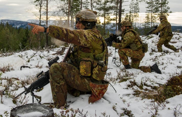 Italian soldiers face off against ‘adversaries’ played by Canadian counterparts in a simulated attack during Exercise Trident Juncture, in Alvdal, Norway – 3 November 2018. © NATO / photo by MCpl Pat Blanchard Photographer, 2 Div CA det Saint-Jean
)