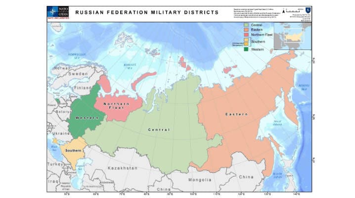 Russia’s programme of annual strategic exercises rotates the lead role among four of Russia's five military districts, while retaining a force- and nation-wide character. © NATO
)